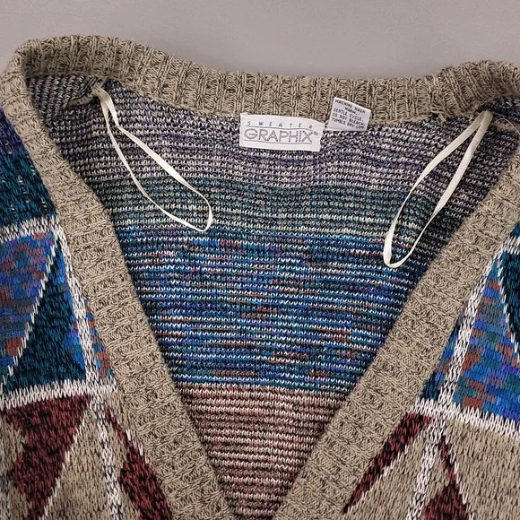 Vintage Sweater Graphix Sweater Mens Large Multicolor Cardigan Aztec Knit 90s